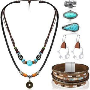 BOHO Western Jewelry Turquoise Set Bohemian Necklace Earrings Rings Bracelet set